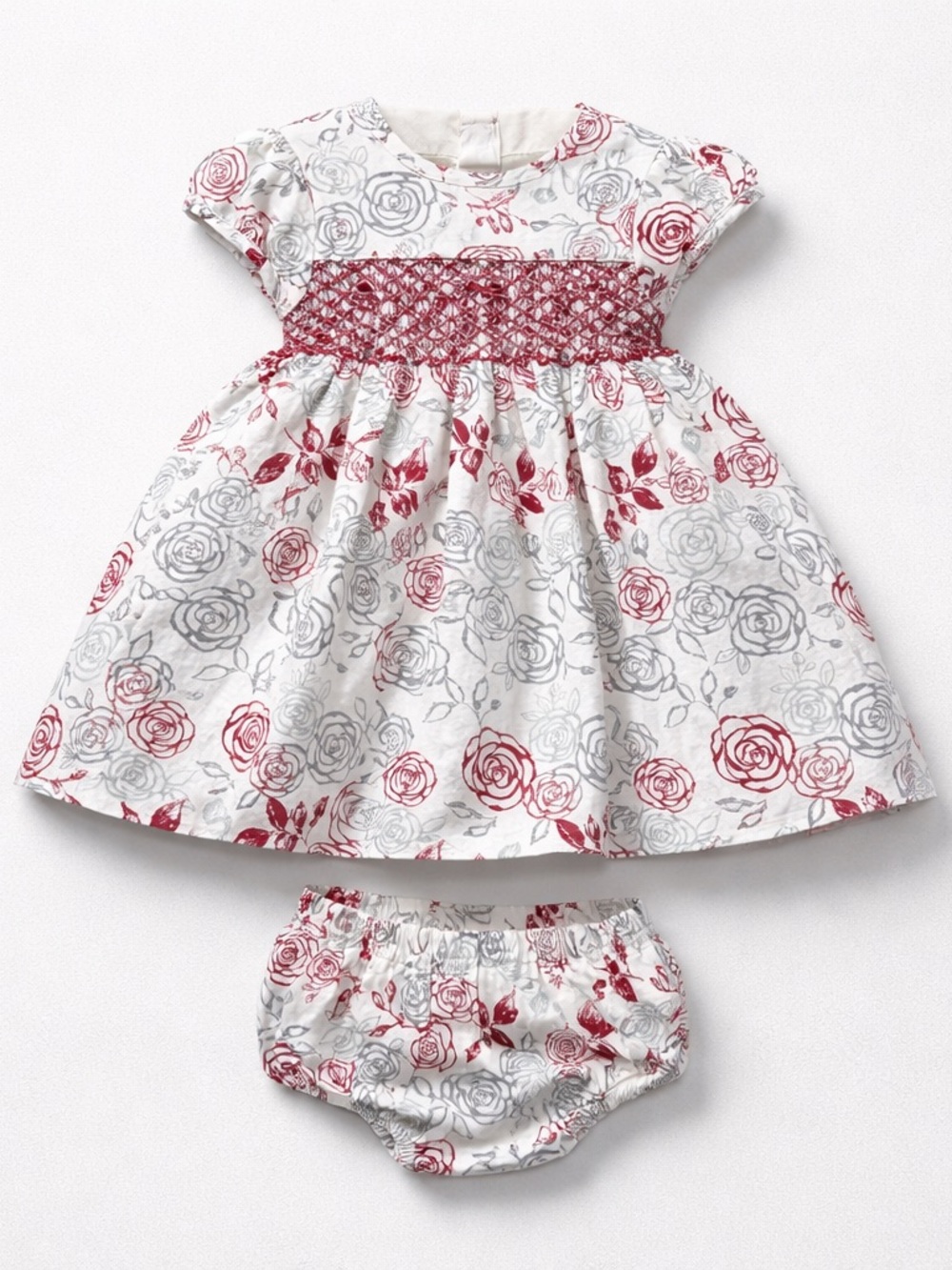 First impressions ivory gray and red smocked dress with bloomers size 6-9 months